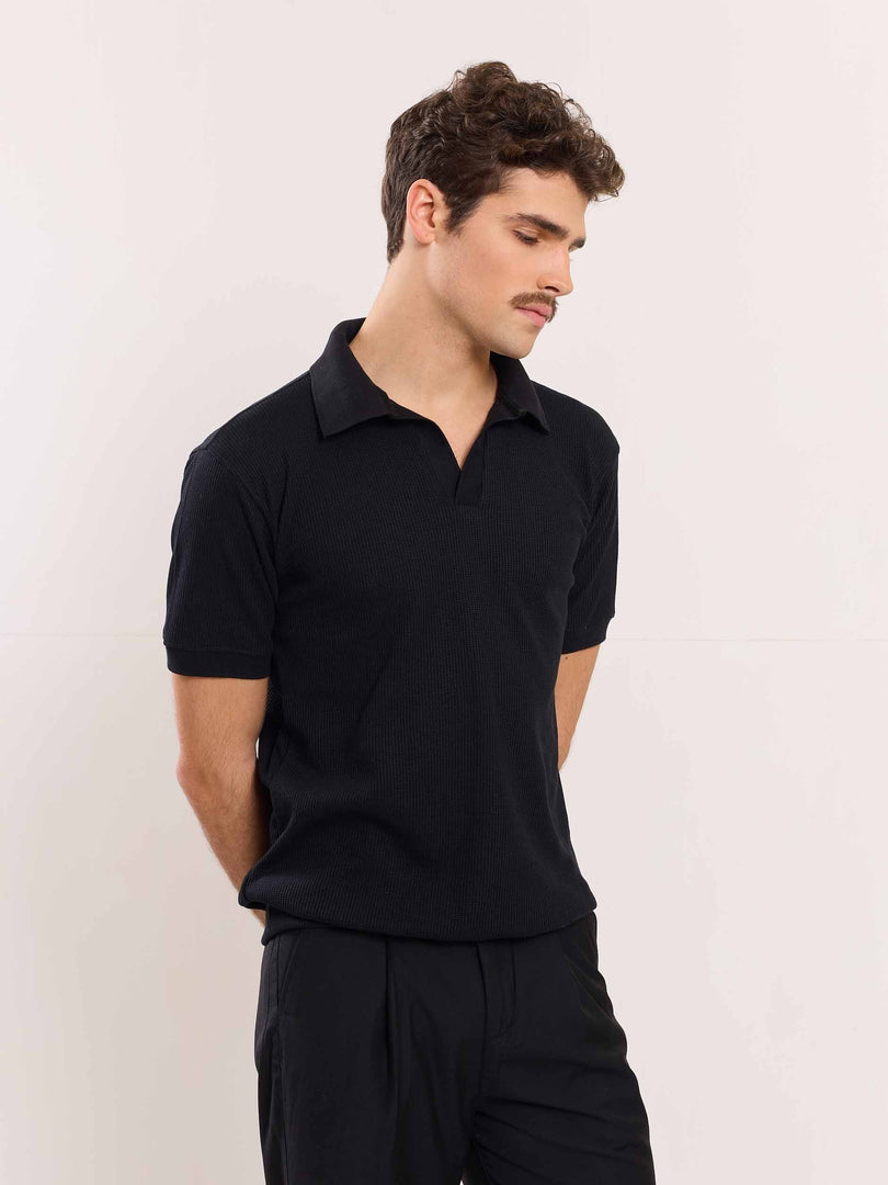 Black Waffle Knit Polo T-shirt