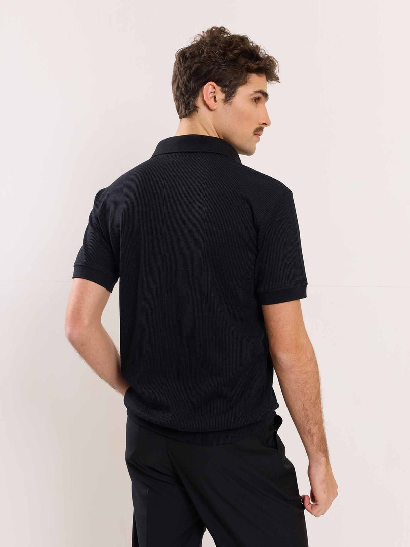 Black Waffle Knit Polo T-shirt