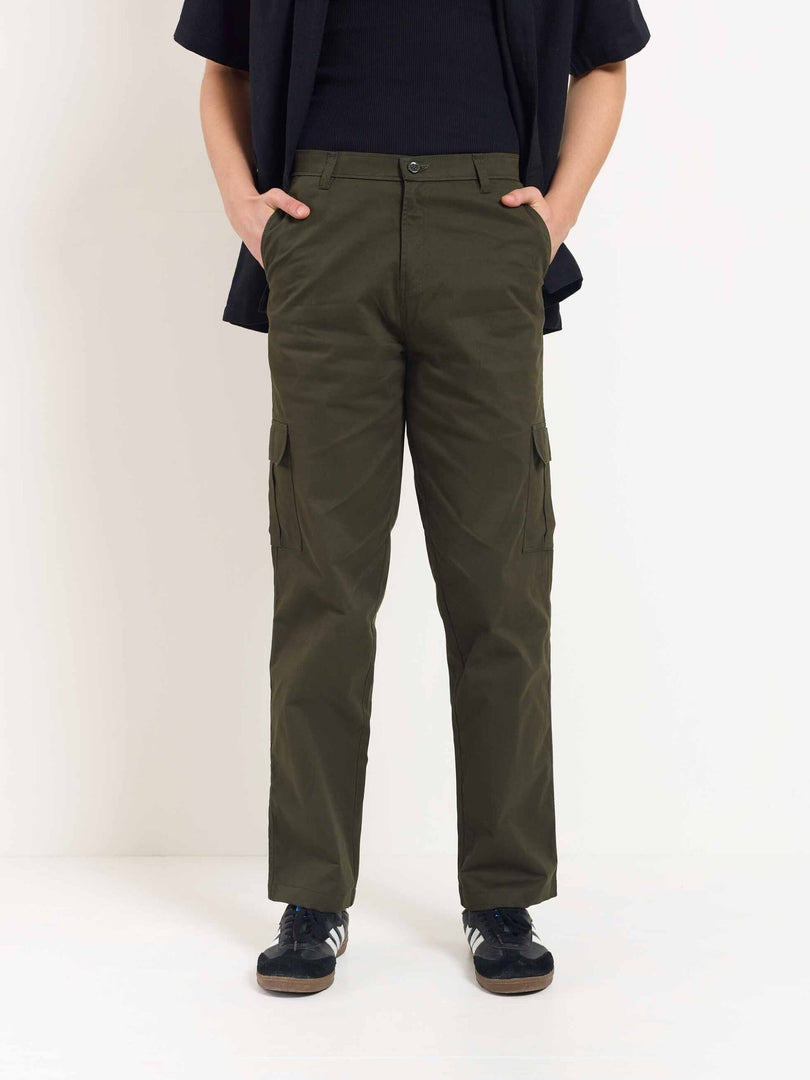 Olive Loose Fit Twill Cargo Trousers