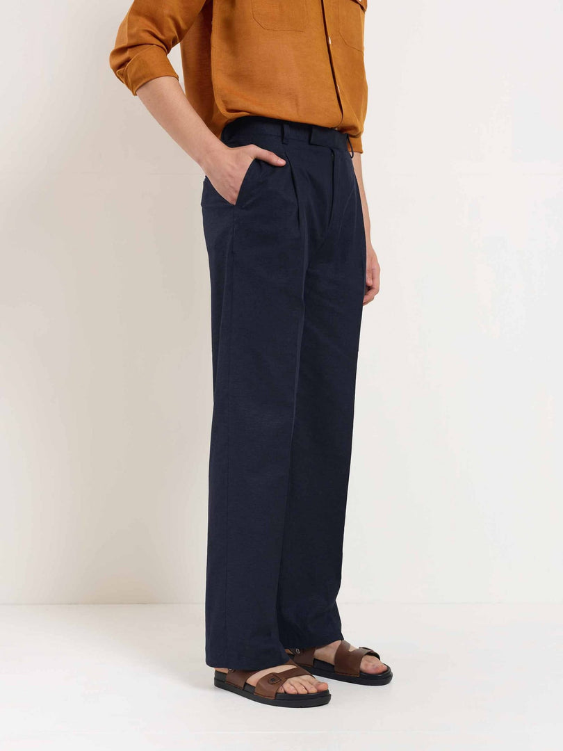 Blue Linen Baggy Fit Trousers