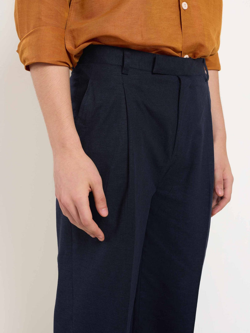 Blue Linen Baggy Fit Trousers