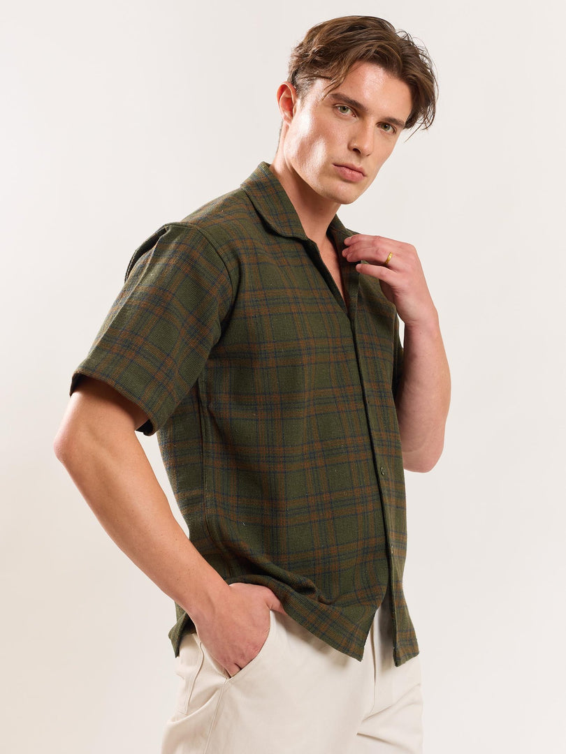 Olive Green Checked Knit Shirt