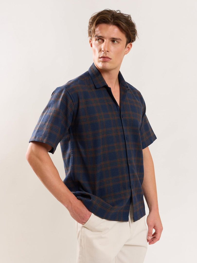 Navy Blue Checked Knit Shirt