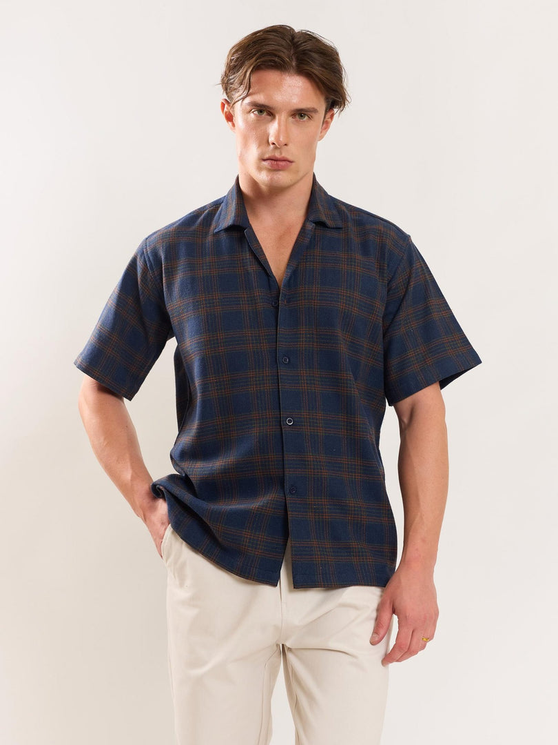 Navy Blue Checked Knit Shirt